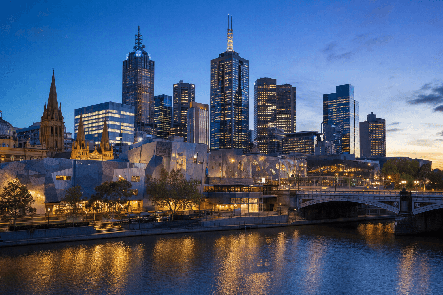 Melbourne city skyline at dusk over Yarra River