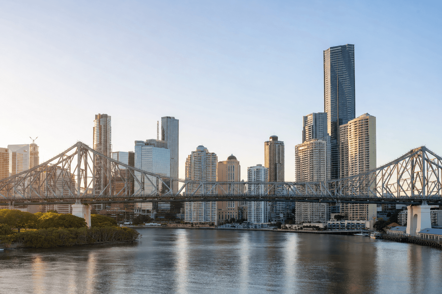 Brisbane city skyline with Story Bridge at morning